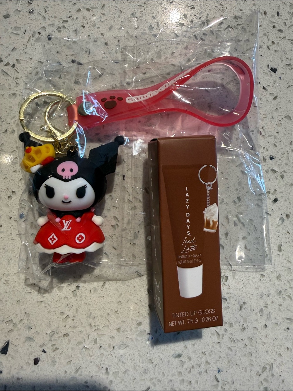 MINISO x Sanrio Kuromi Figurine Keychain & Lazy Days Iced Latte Lip Gloss Bundle